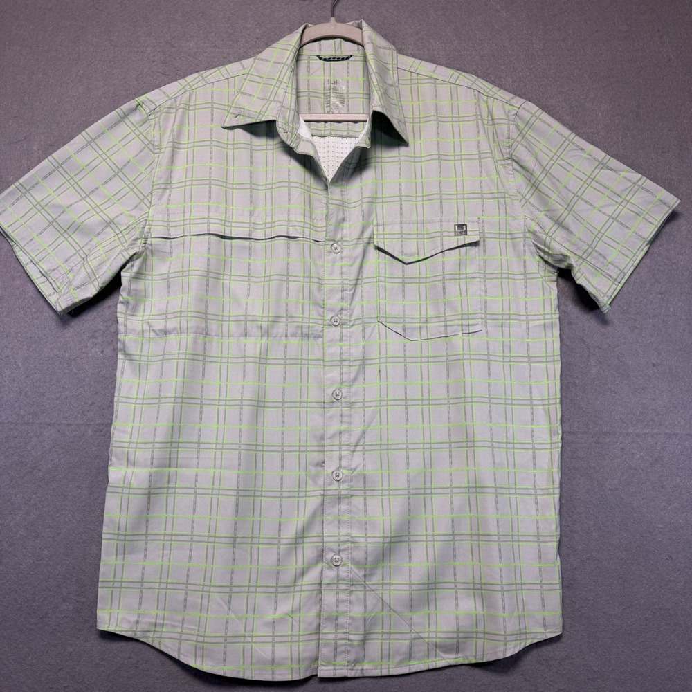 Huk Mens Performance Fishing Shirt Grey Lime Green Plaid Vented‎ Short Sleeve  M